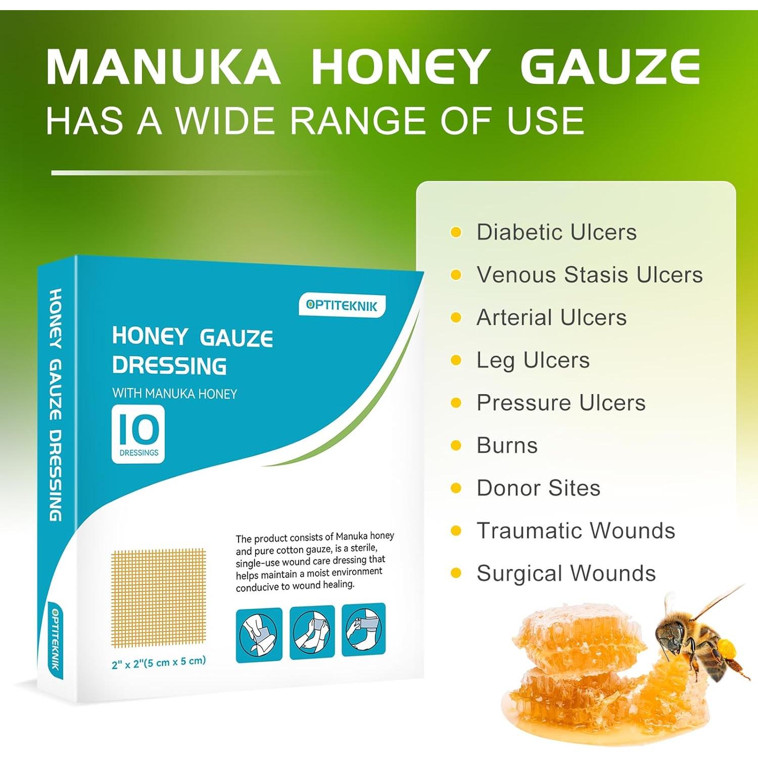 Gasa de Miel de Manuka 5x5cm - Paquete de 10 Vendajes