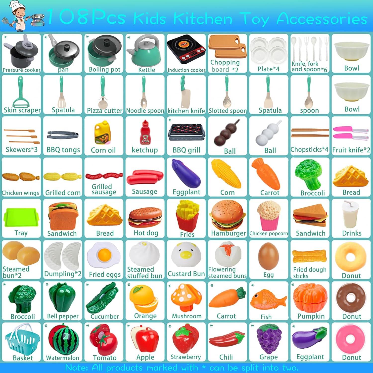 108Pcs Kids Kitchen Toy Accessories, Toddler Pretend BBQ Camping Cooking Playset, Utensils Cookware Toys, Play Food Set, Toy Vegetables, Learning Gift for Girls Boys