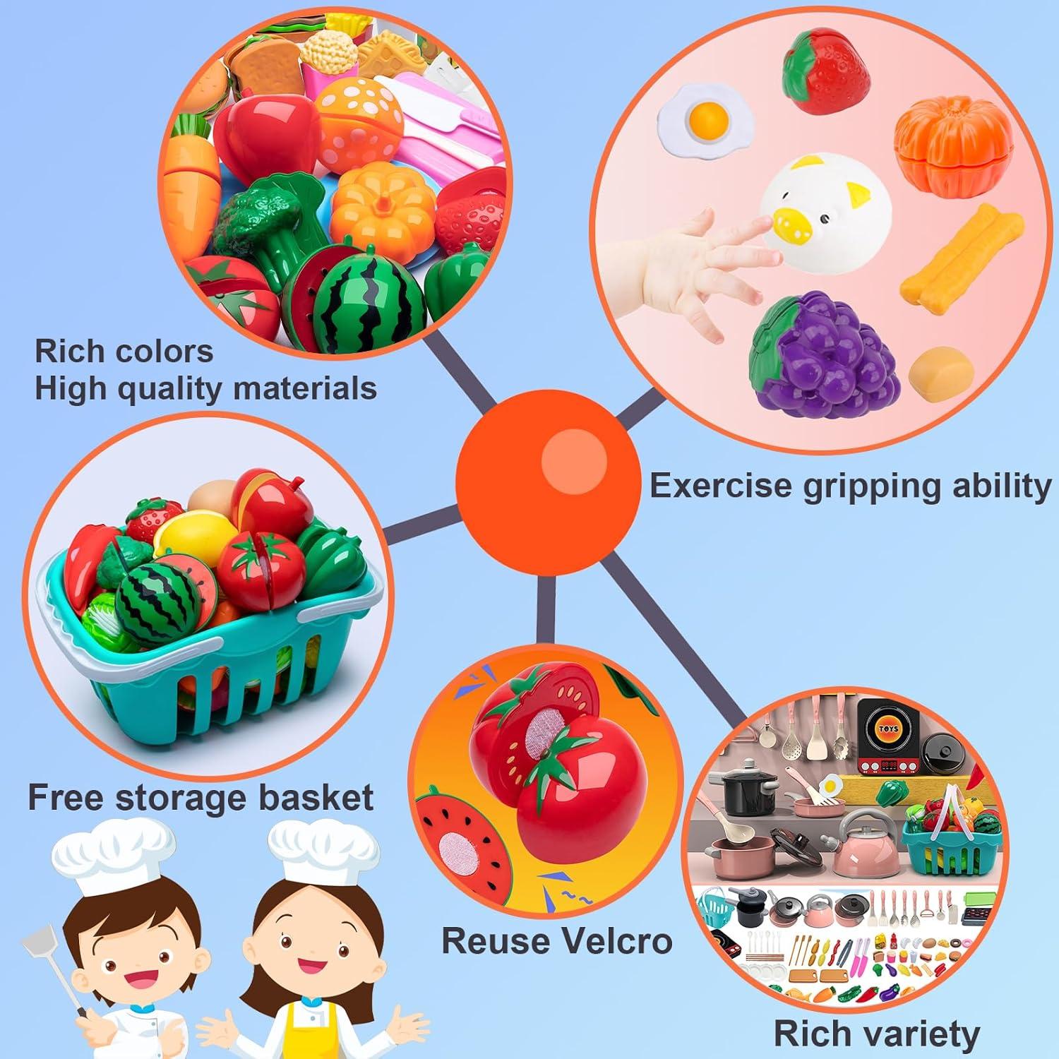 108Pcs Kids Kitchen Toy Accessories, Toddler Pretend BBQ Camping Cooking Playset, Utensils Cookware Toys, Play Food Set, Toy Vegetables, Learning Gift for Girls Boys