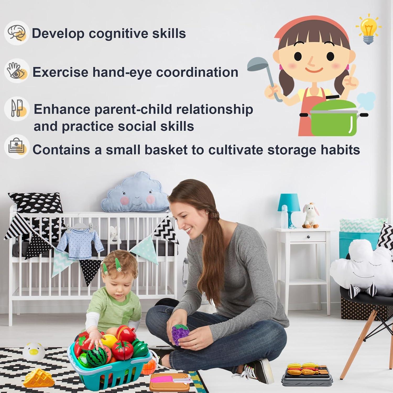 108Pcs Kids Kitchen Toy Accessories, Toddler Pretend BBQ Camping Cooking Playset, Utensils Cookware Toys, Play Food Set, Toy Vegetables, Learning Gift for Girls Boys