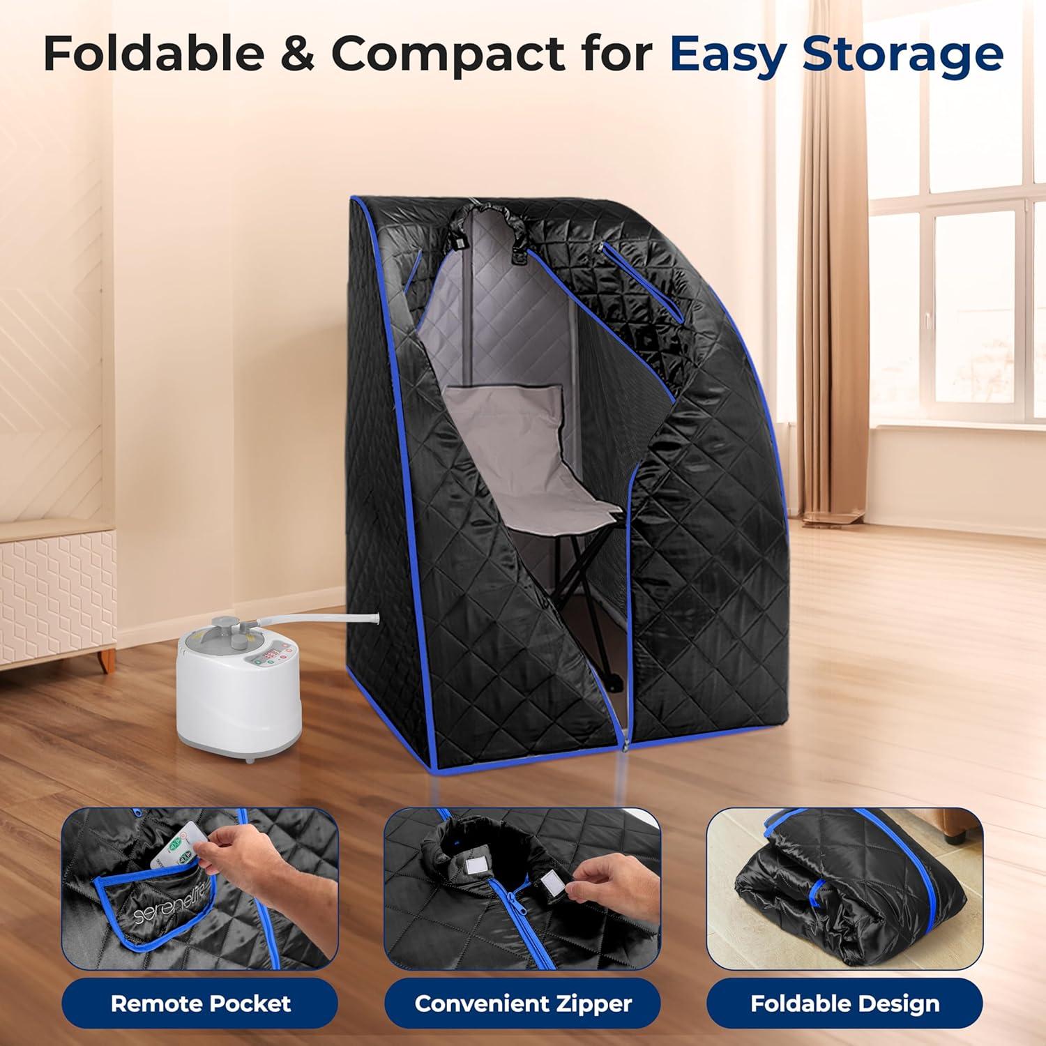 Sauna Portátil SereneLife 2L con Silla Plegable Negra
