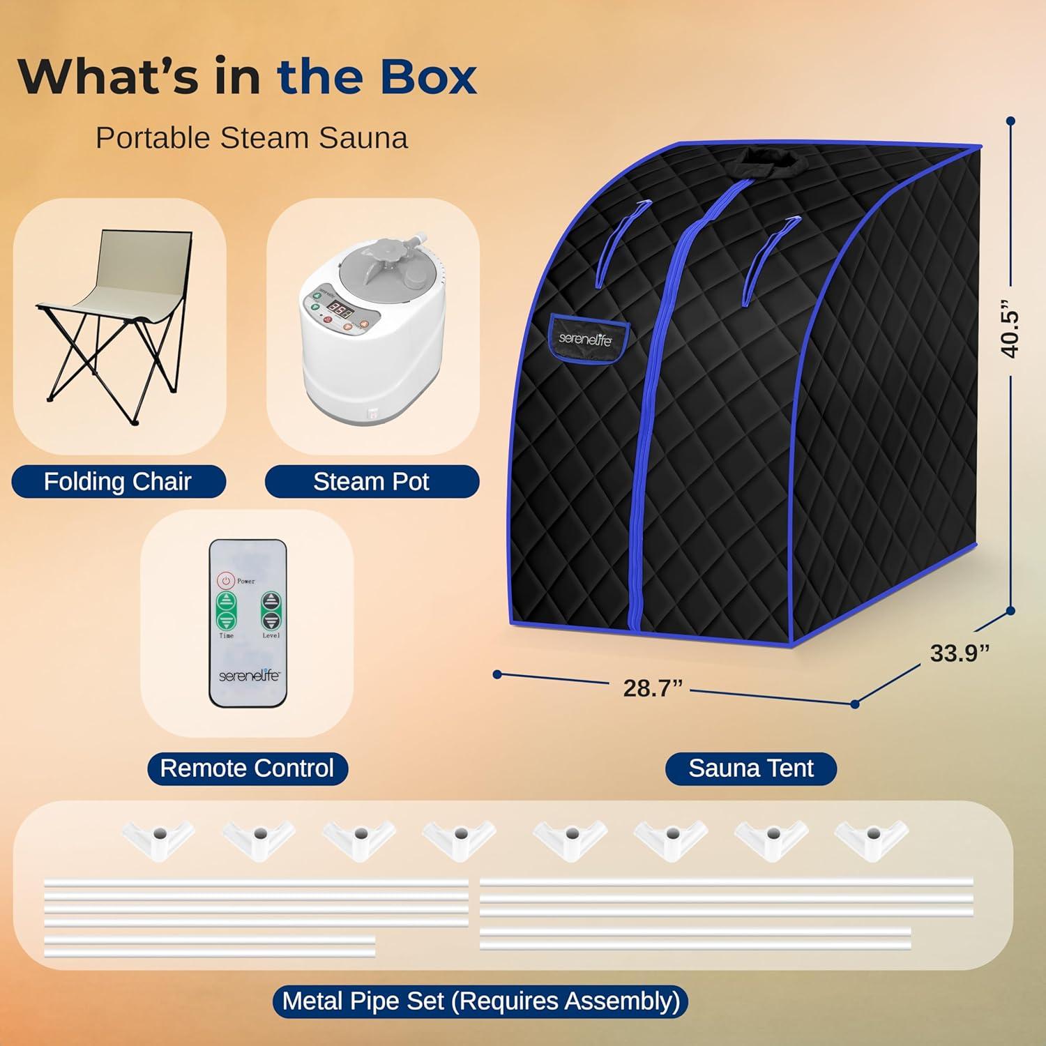 Sauna Portátil SereneLife 2L con Silla Plegable Negra