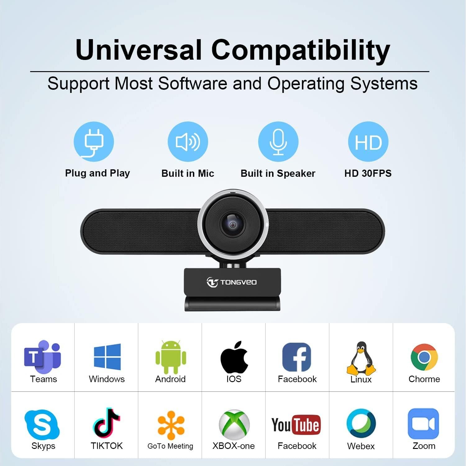Cámara Web 4K TONGVEO con Micrófono y Altavoz Integrados