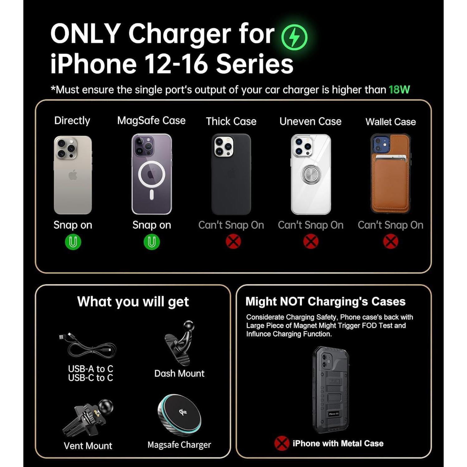 Cargador de Soporte para Coche MagSafe Qi2 15W Negro