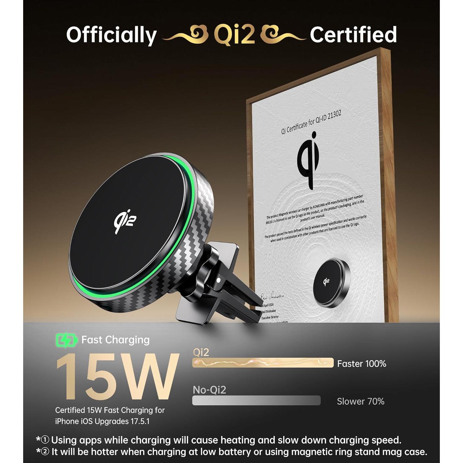 Cargador de Soporte para Coche MagSafe Qi2 15W Negro