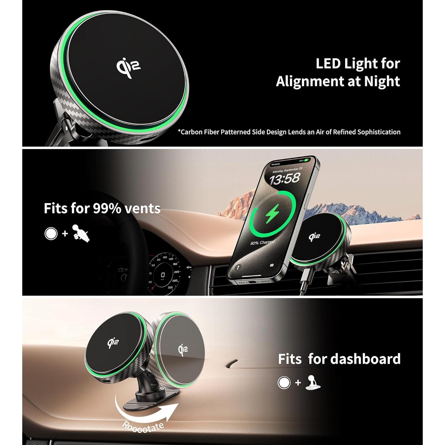 Cargador de Soporte para Coche MagSafe Qi2 15W Negro