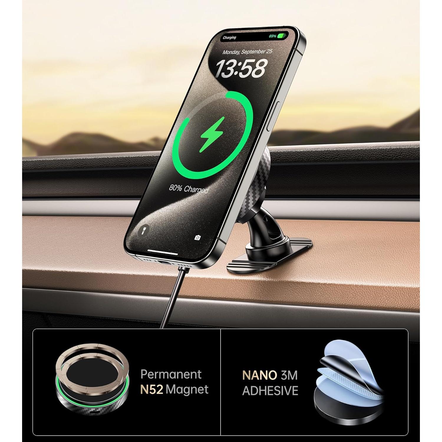 Cargador de Soporte para Coche MagSafe Qi2 15W Negro