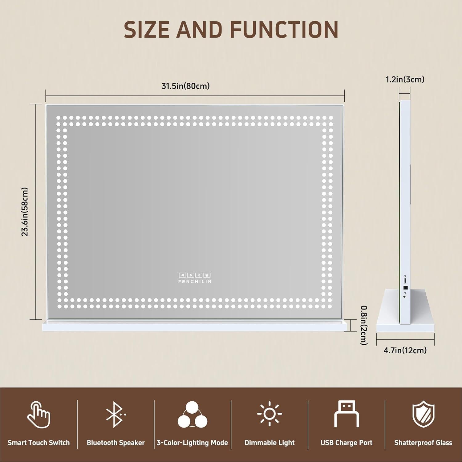 Espejo de Tocador FENCHILIN LED 70x90cm con Altavoz Bluetooth