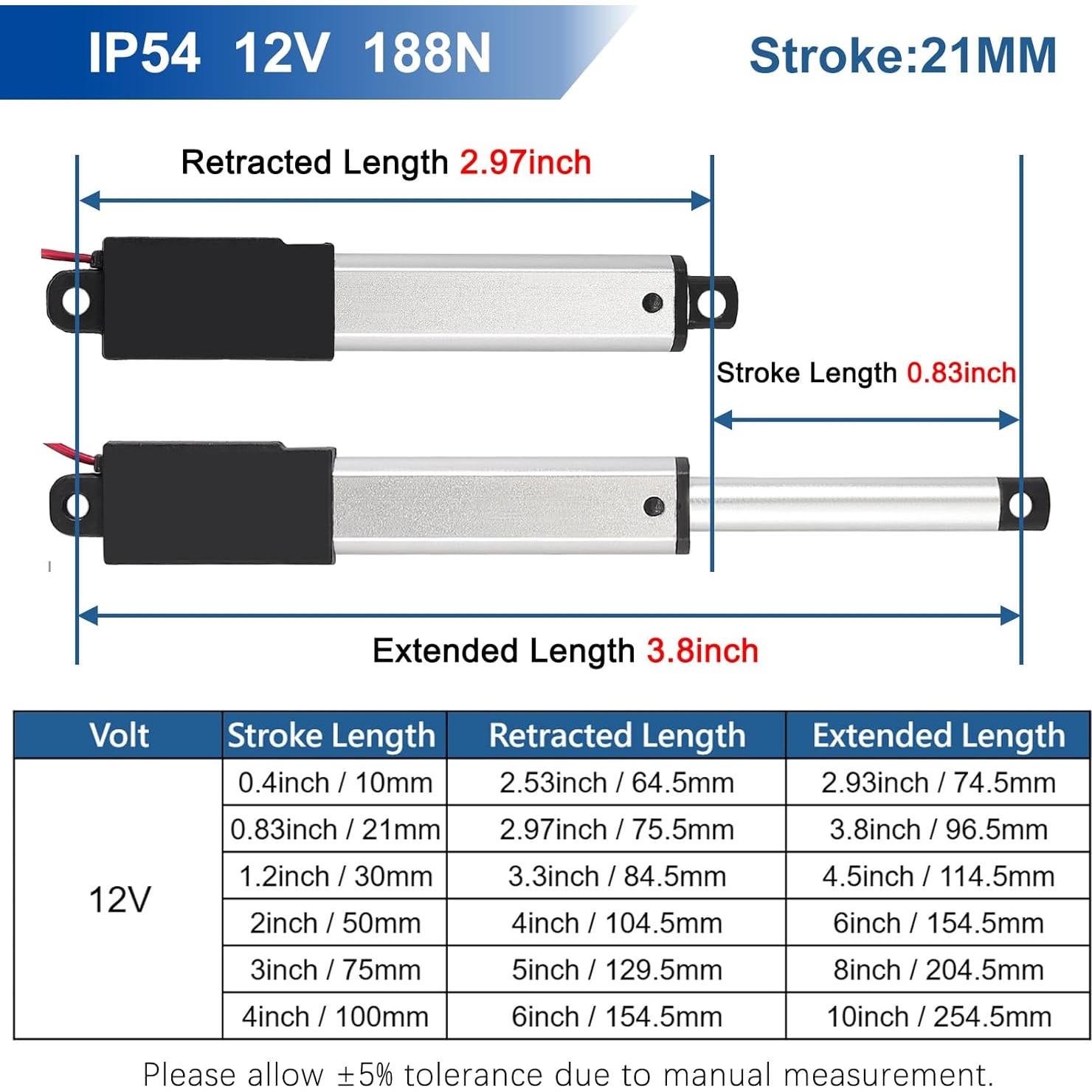 Actuador Lineal Micro JQDML 21mm 12V 188N con Soportes