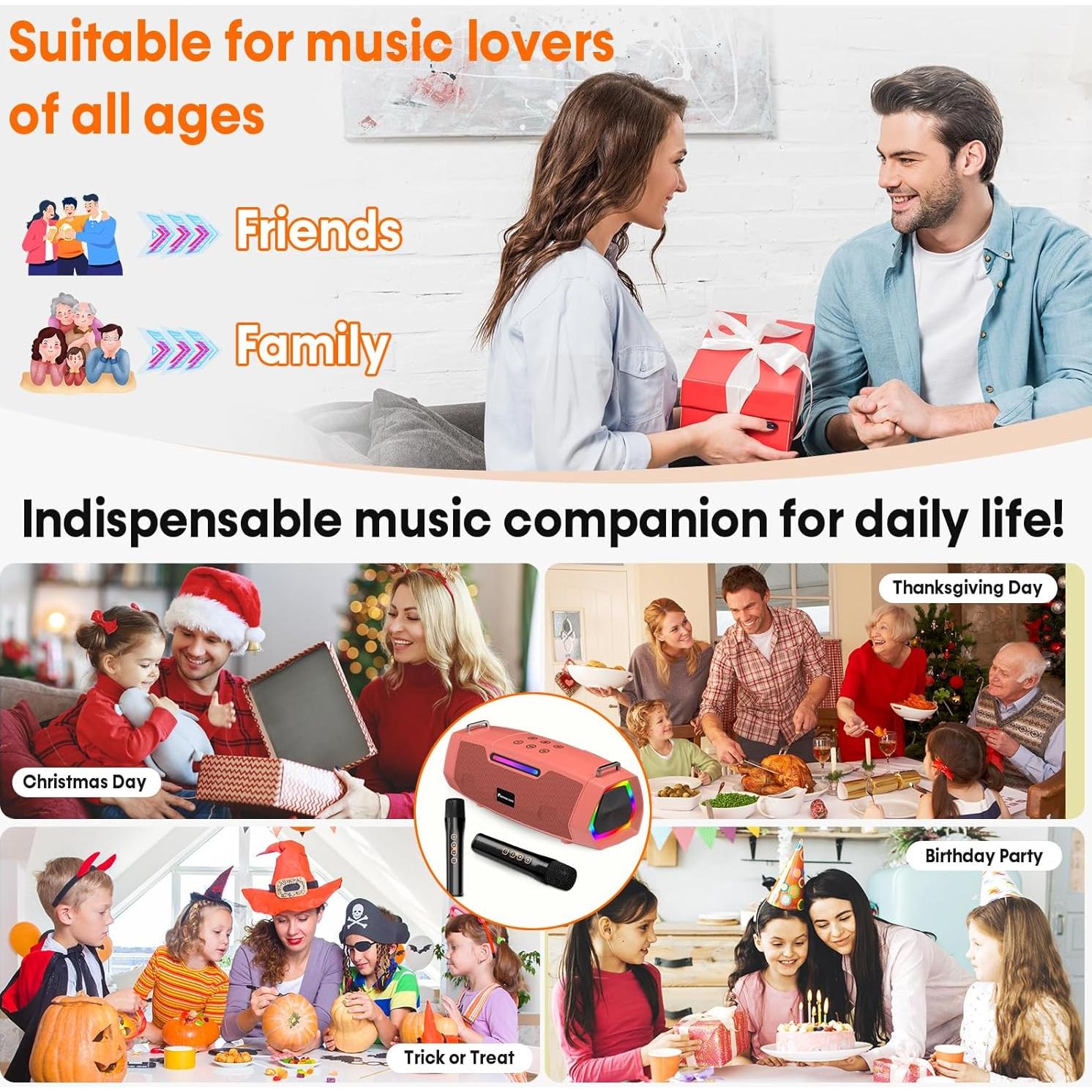 Máquina de Karaoke Portátil 60W - Altavoz Bluetooth Naranja-Rojo