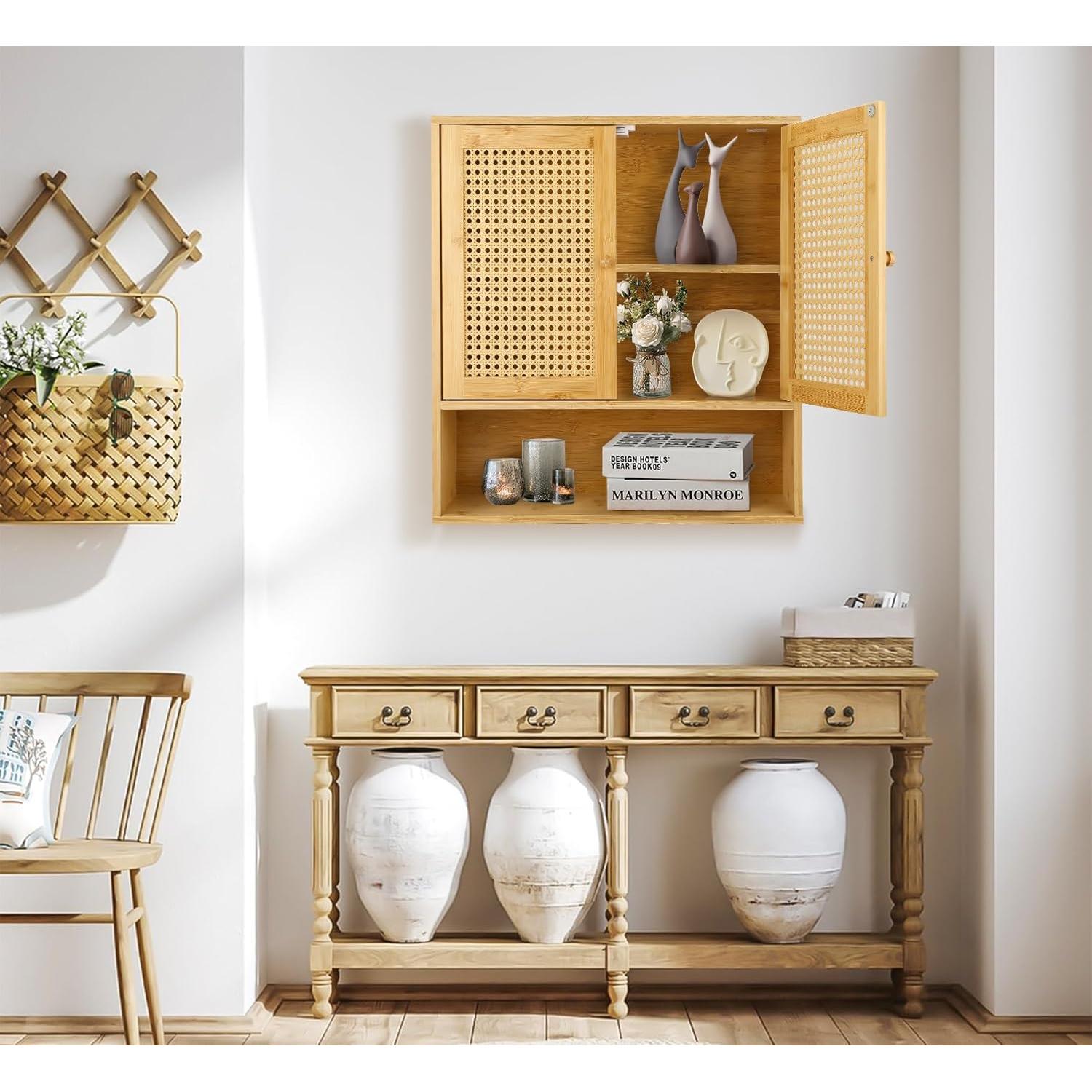 Armario de Baño ZYBT Montado en Pared de Bambú y Ratán