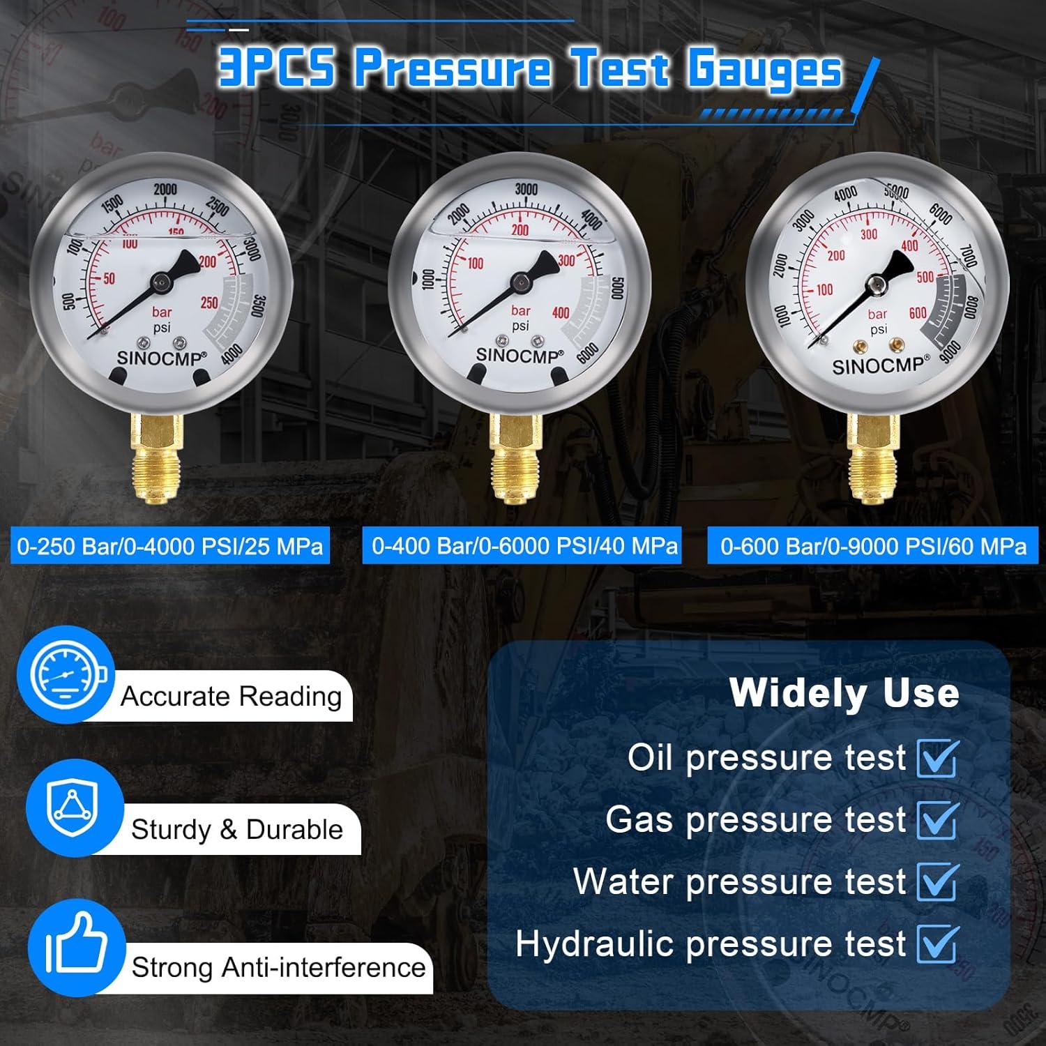 Kit de Manómetros de Presión Hidráulica SINOCMP 3 Manómetros 150 cm