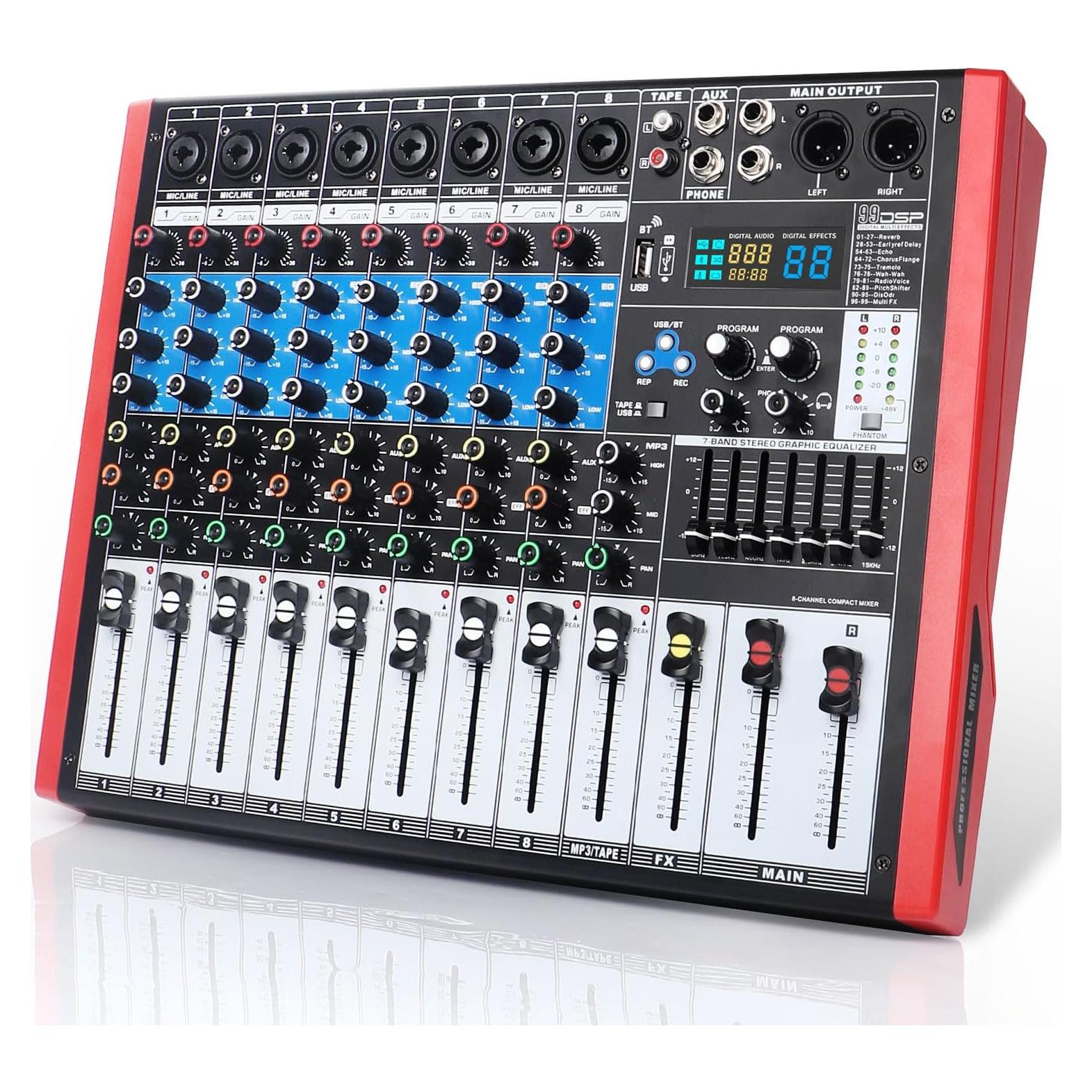 Kmise Mezclador de Audio 8 Canales 99 Efectos Rosa BT USB