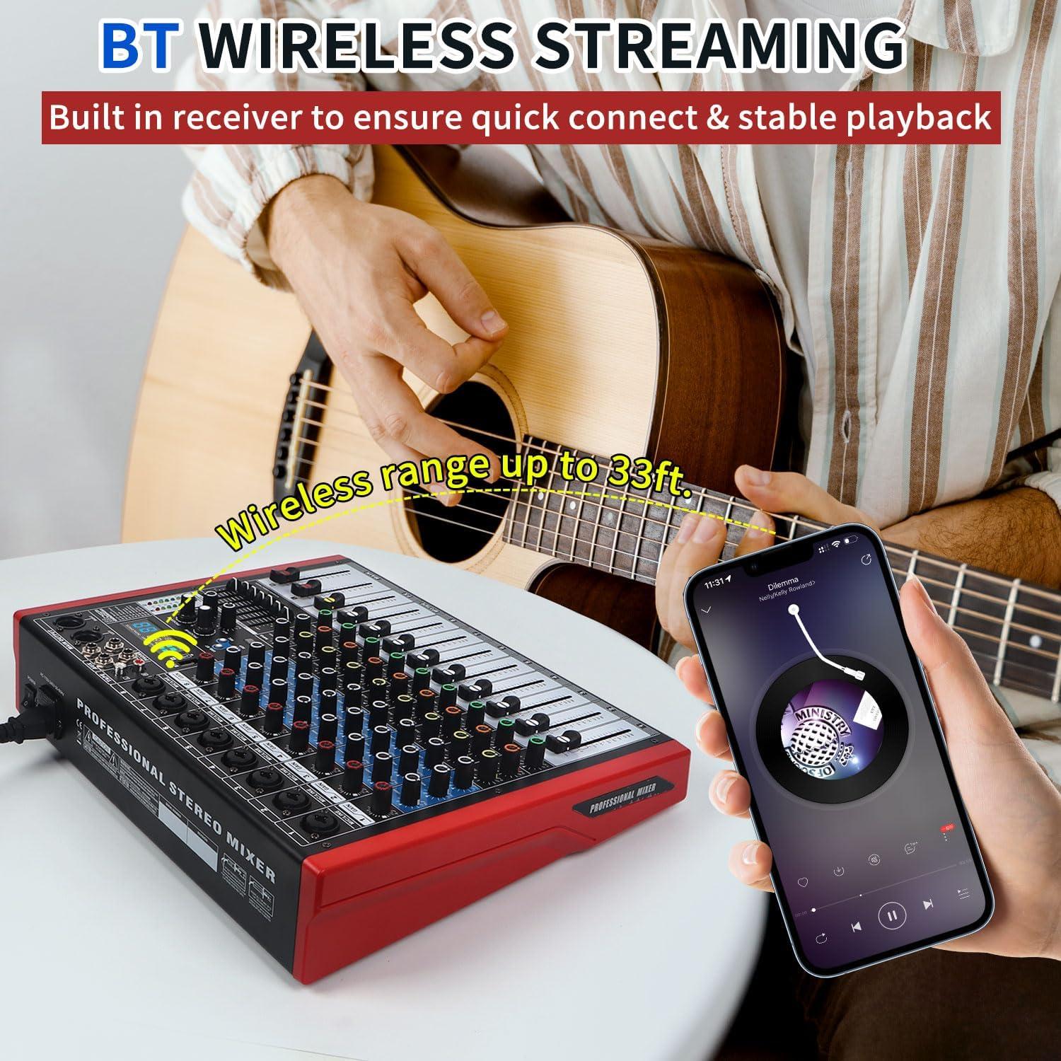 Kmise Mezclador de Audio 8 Canales 99 Efectos Rosa BT USB