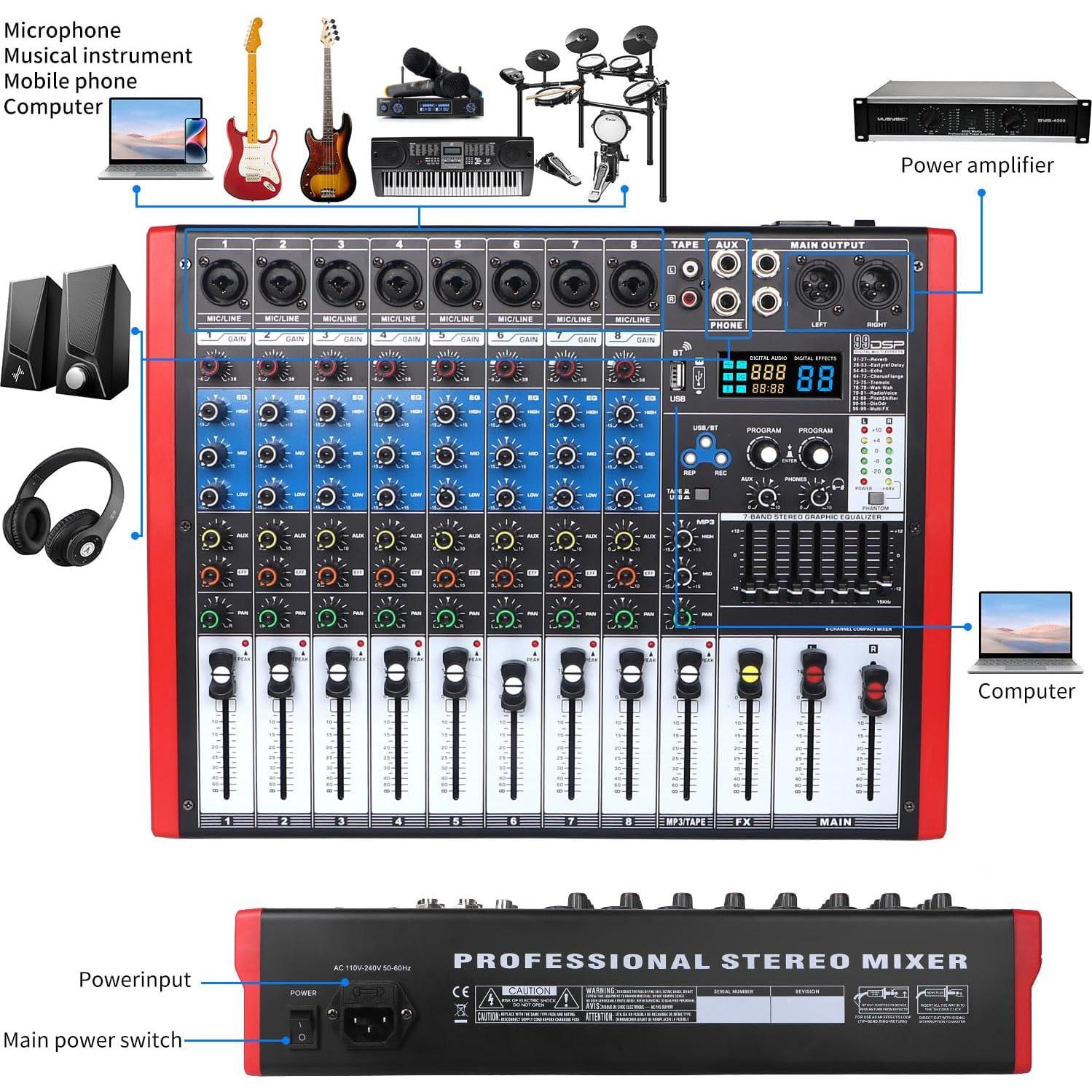 Kmise Mezclador de Audio 8 Canales 99 Efectos Rosa BT USB