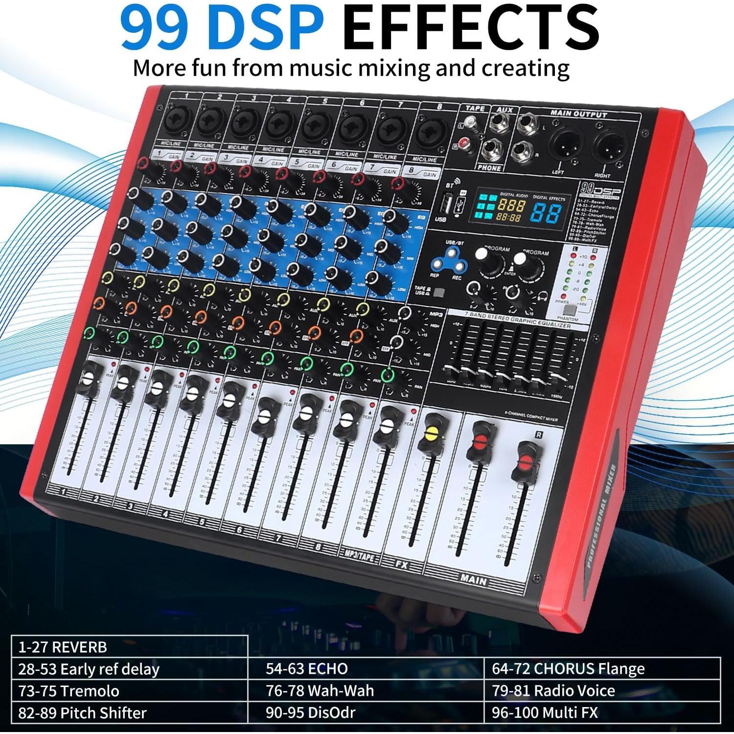 Kmise Mezclador de Audio 8 Canales 99 Efectos Rosa BT USB