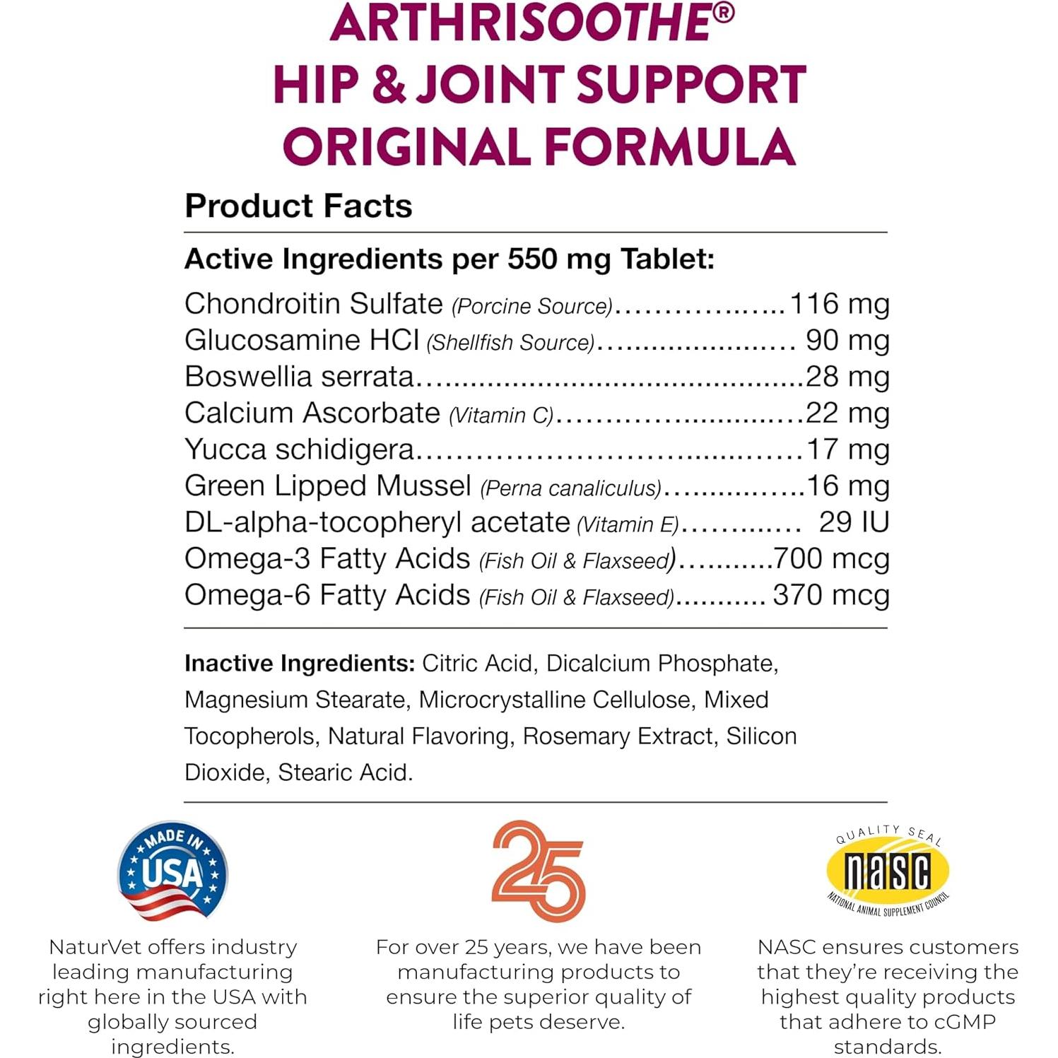 Suplemento NaturVet ArthriSoothe para Caderas y Articulaciones 250 Ct