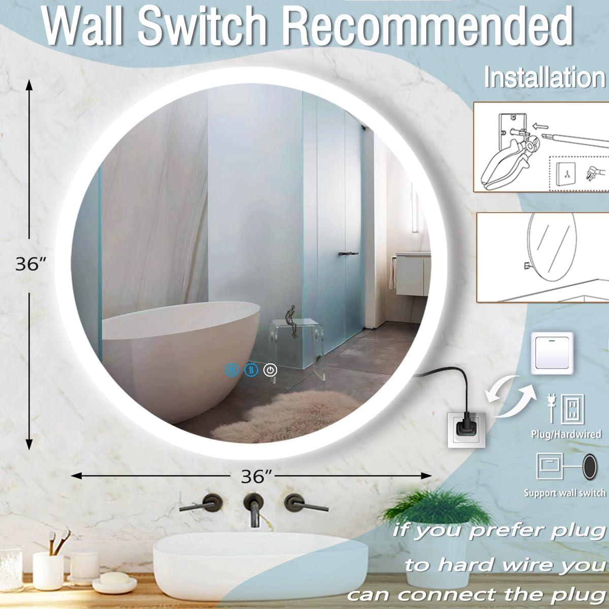 Espejo Redondo Retroiluminado DIDIDADA 91.4 cm Antivaho 3 Colores