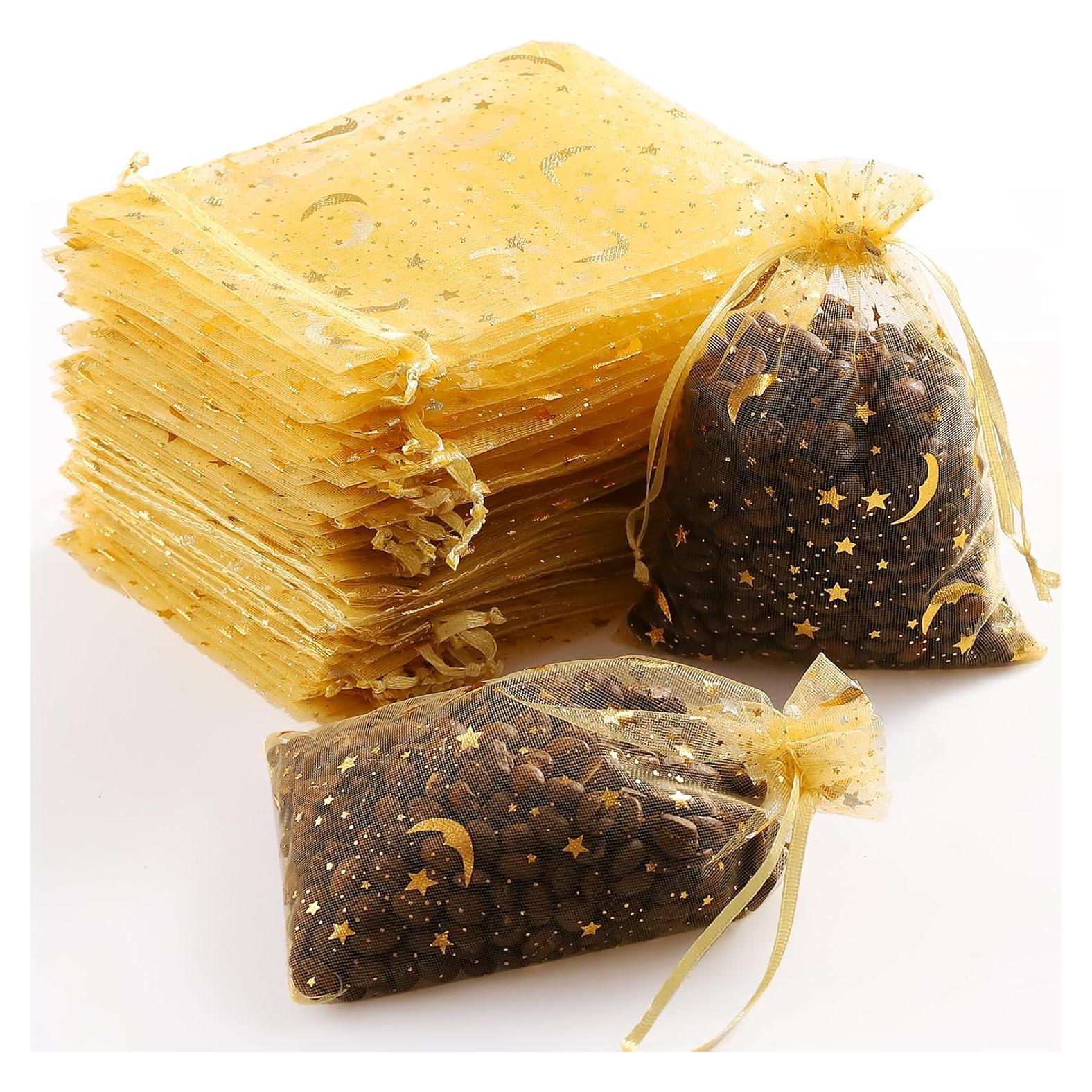 100 Bolsas de Organza Doradas Hopttreely 10x15 cm Luna Estrella
