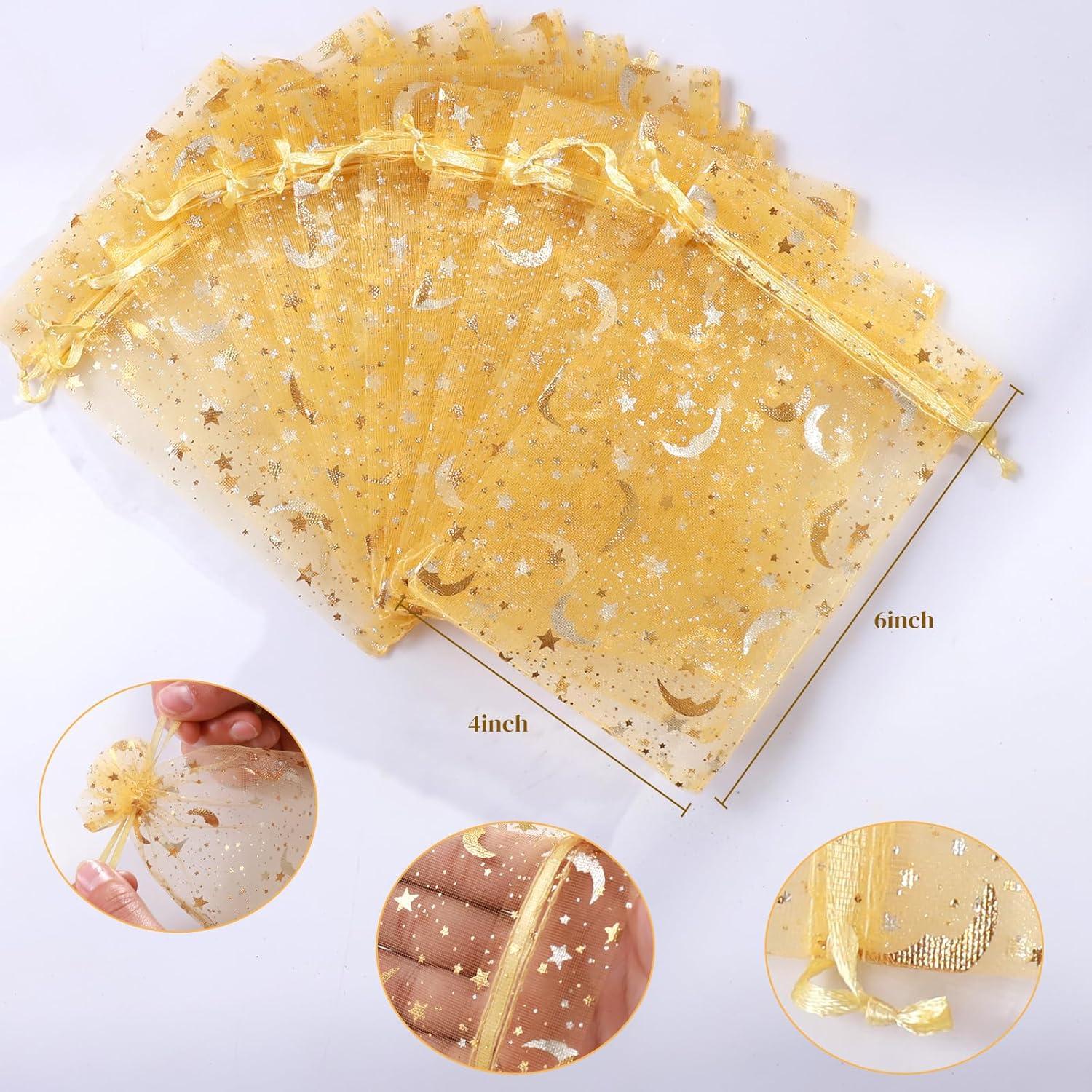 100 Bolsas de Organza Doradas Hopttreely 10x15 cm Luna Estrella