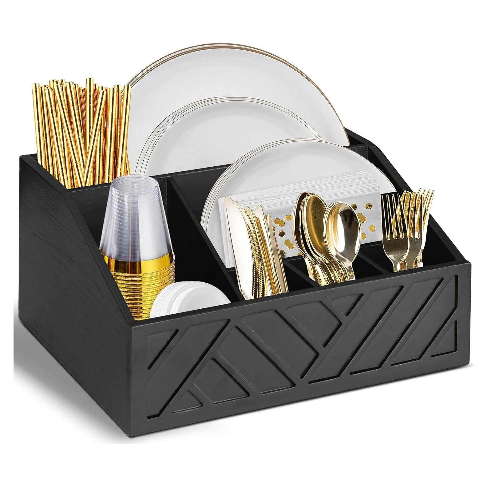 Dispensador de Platos de Papel Ukonvi Negro, Organizador de Utensilios de Madera