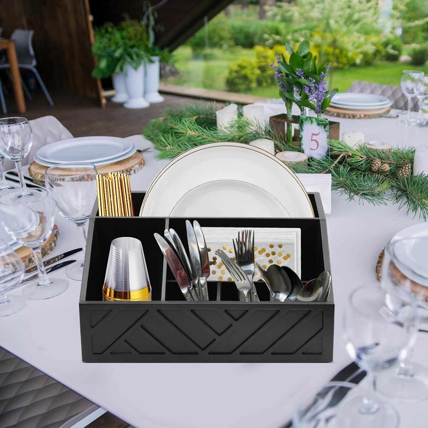 Dispensador de Platos de Papel Ukonvi Negro, Organizador de Utensilios de Madera