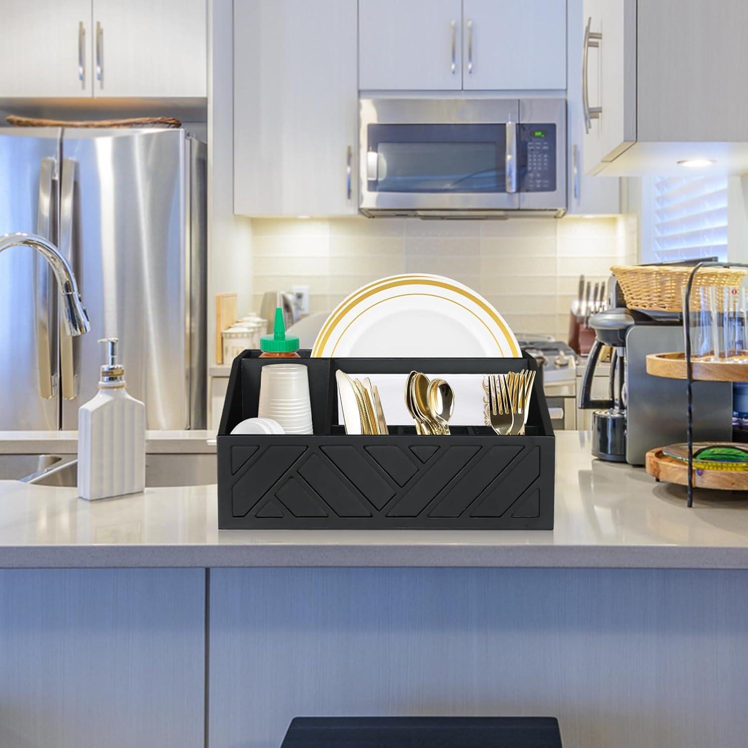 Dispensador de Platos de Papel Ukonvi Negro, Organizador de Utensilios de Madera