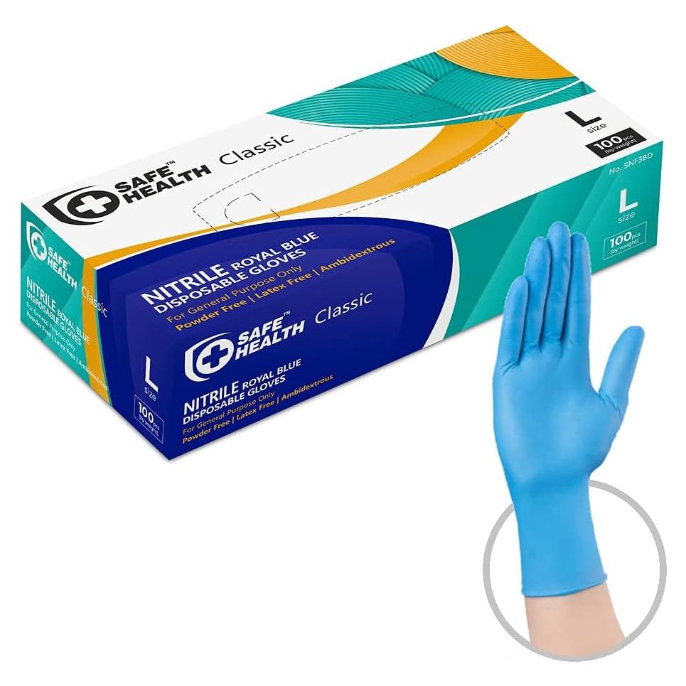 Guantes Desechables de Nitrilo Safe Health, Azul, 100 Pcs, Grande