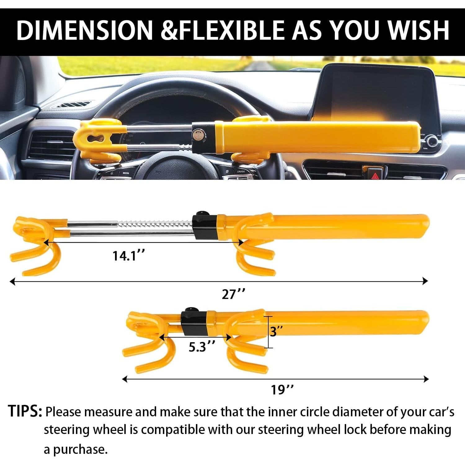 Bloqueo de Volante KNFRXO Ajustable Antirrobo Universal Amarillo