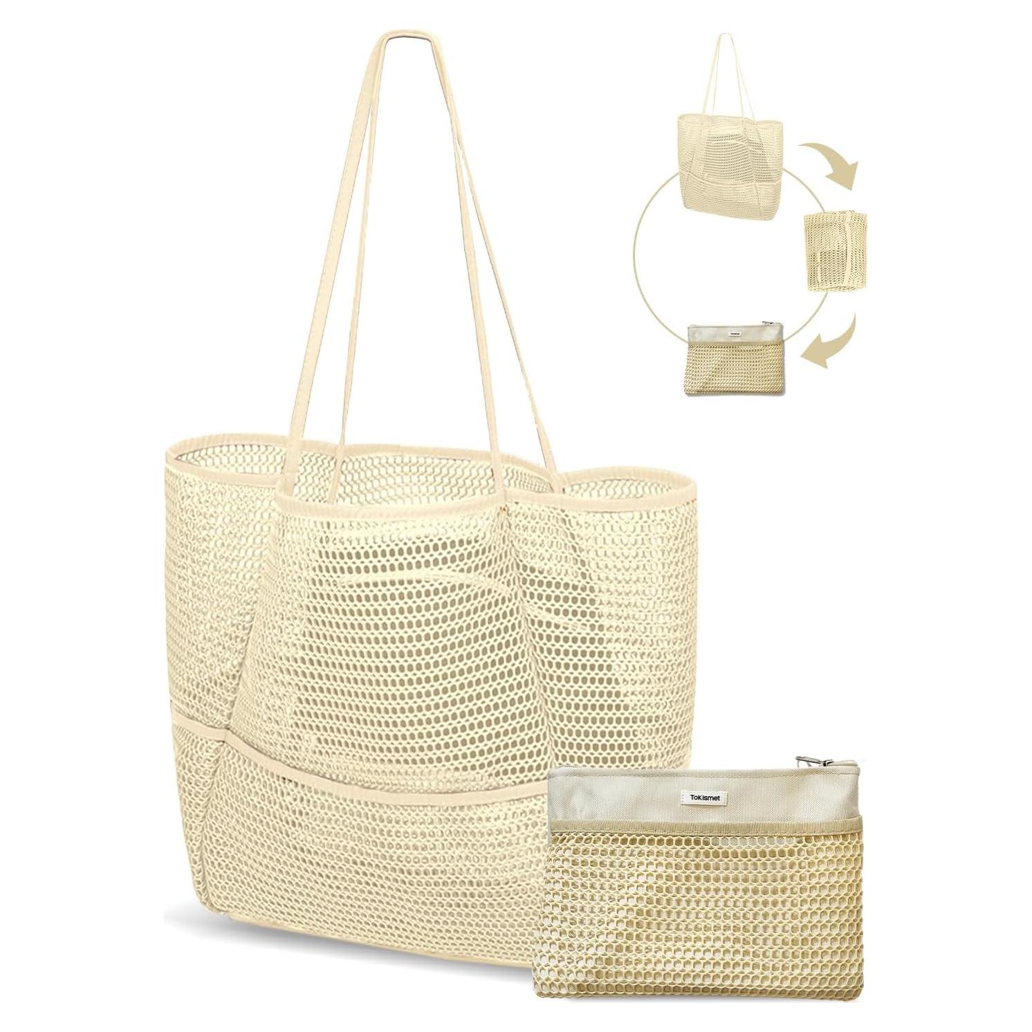 Bolsa de Playa Plegable de Malla Beige para Mujeres 2-en-1