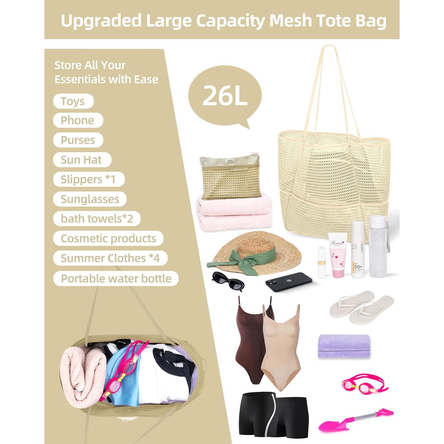 Bolsa de Playa Plegable de Malla Beige para Mujeres 2-en-1