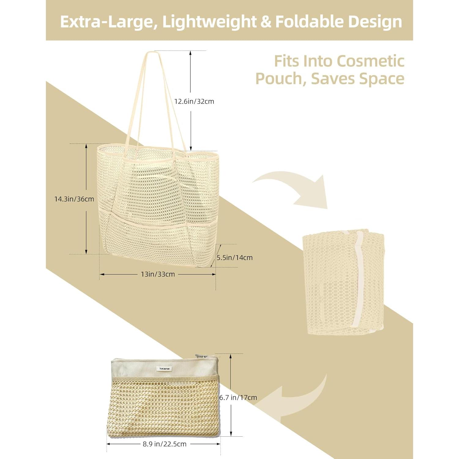 Bolsa de Playa Plegable de Malla Beige para Mujeres 2-en-1