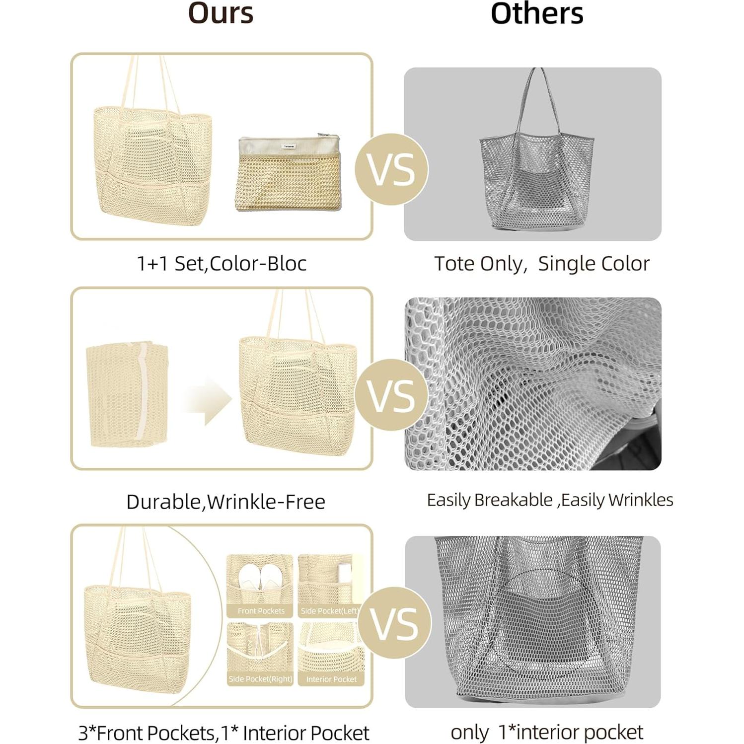 Bolsa de Playa Plegable de Malla Beige para Mujeres 2-en-1