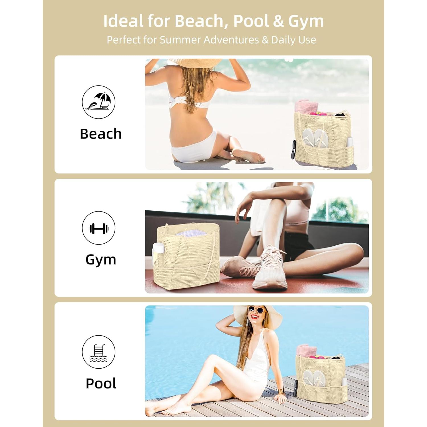 Bolsa de Playa Plegable de Malla Beige para Mujeres 2-en-1