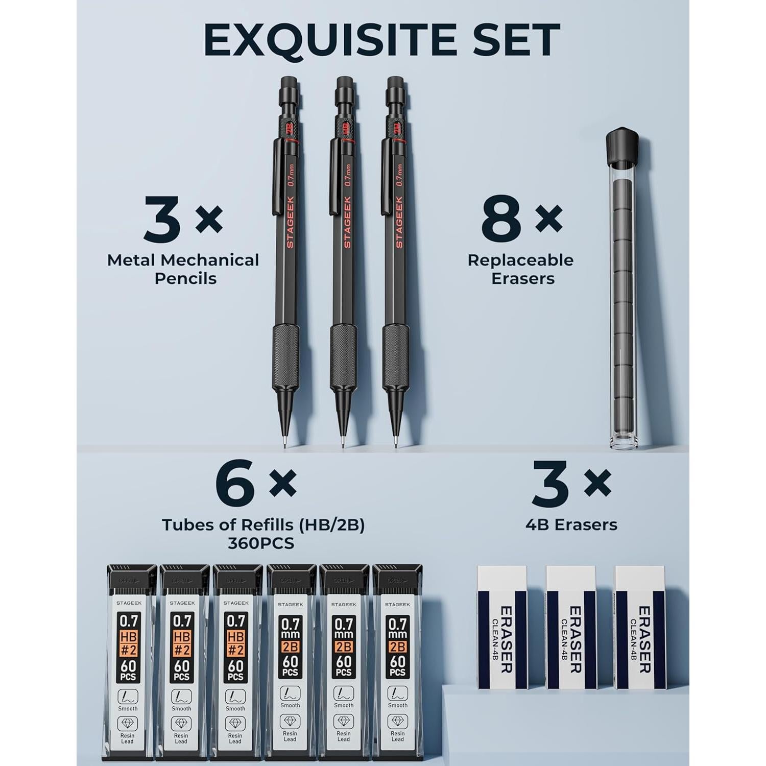Juego de Lápices Mecánicos STAGEEK 0.7mm 21 Piezas