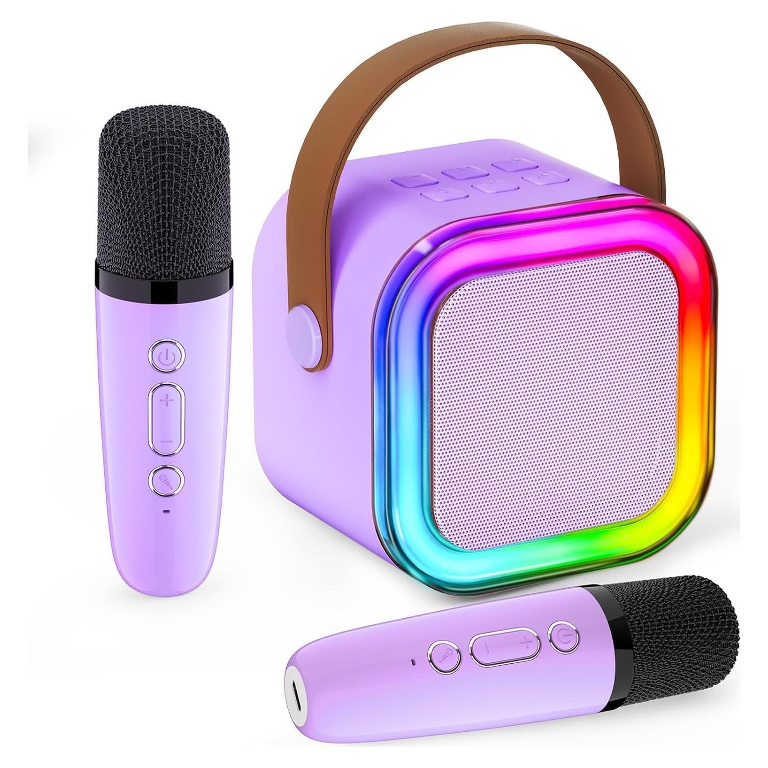 Karaoke Mini IROO para Niños 2 Micrófonos Bluetooth Púrpura