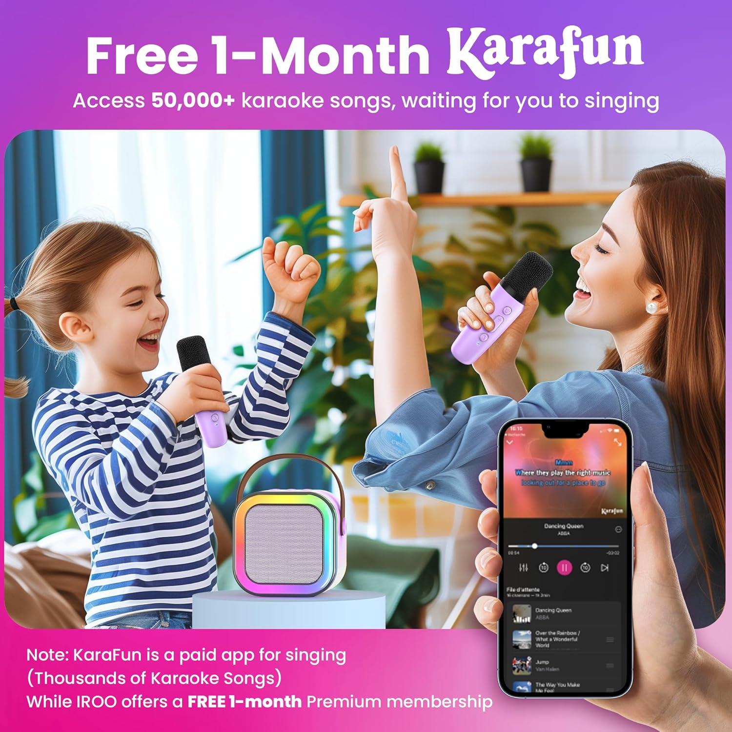 Karaoke Mini IROO para Niños 2 Micrófonos Bluetooth Púrpura