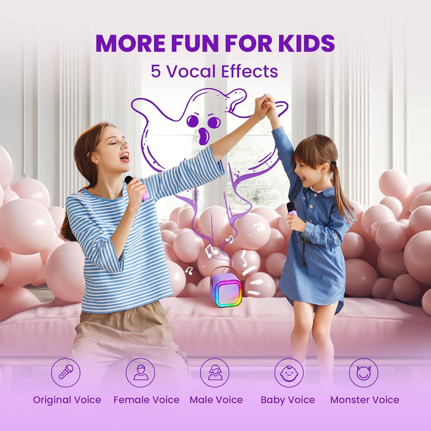 Karaoke Mini IROO para Niños 2 Micrófonos Bluetooth Púrpura