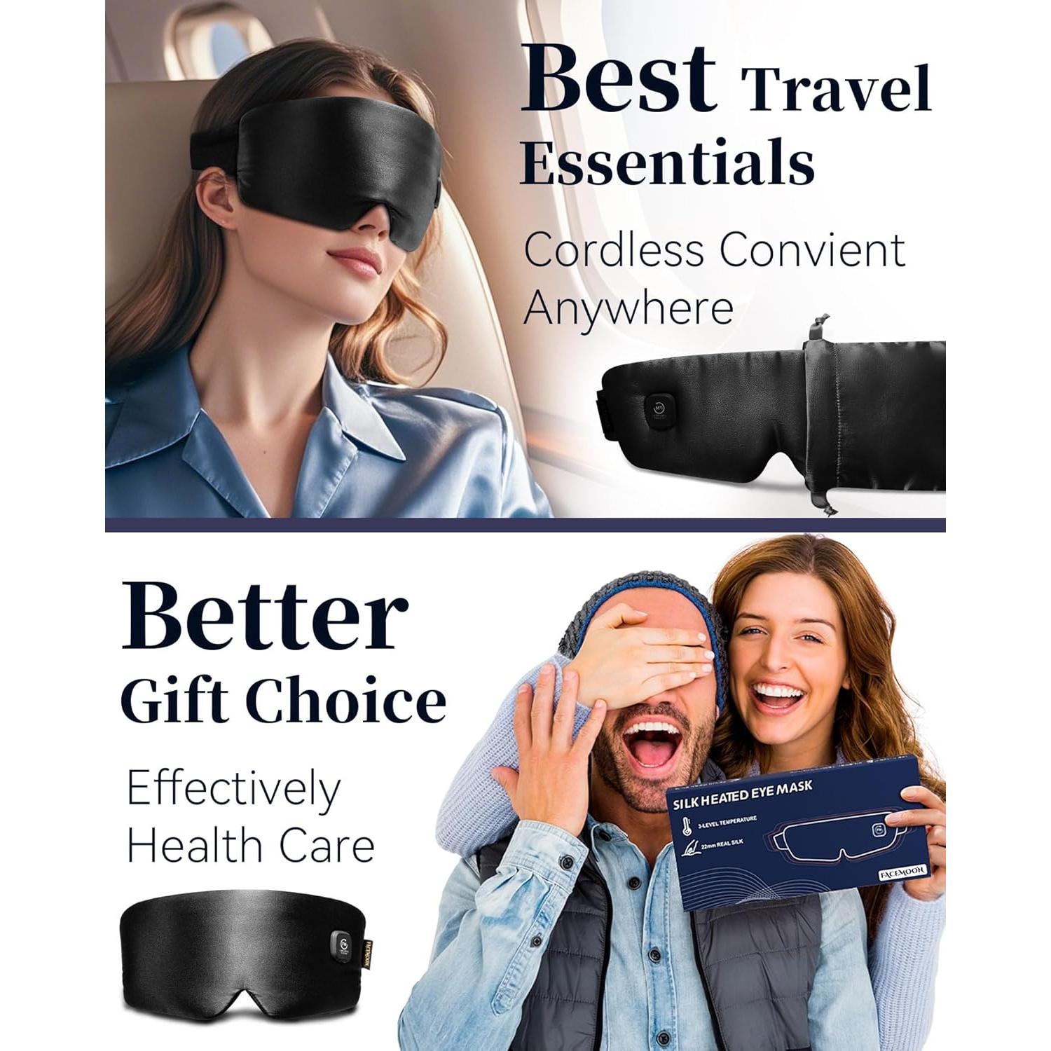 Máscara de Ojos Calentada FACEMOON - Seda, Recargable, Negra