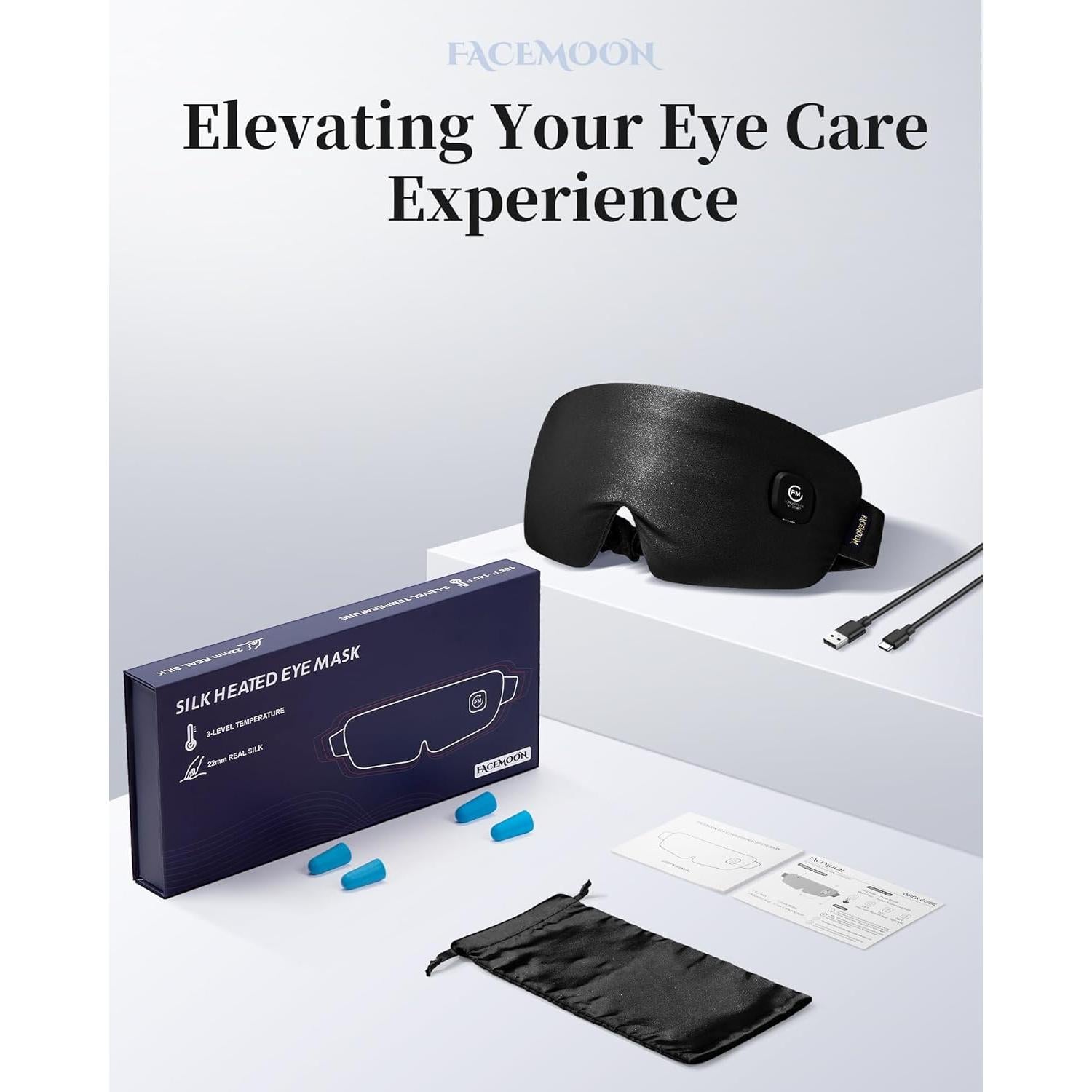 Máscara de Ojos Calentada FACEMOON - Seda, Recargable, Negra