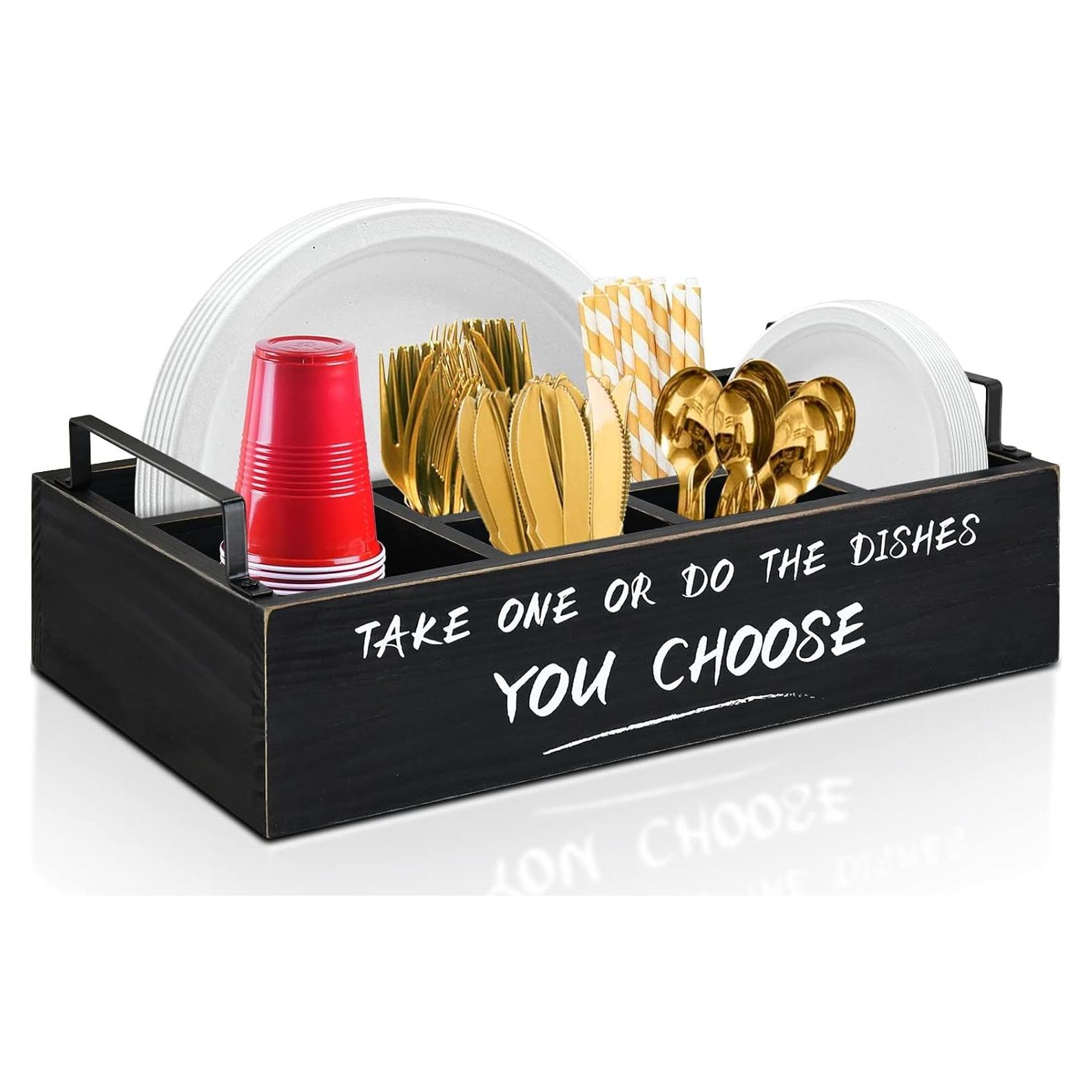 Dispensador de Platos de Papel Ameuphercy - Organizador de Utensilios de Madera