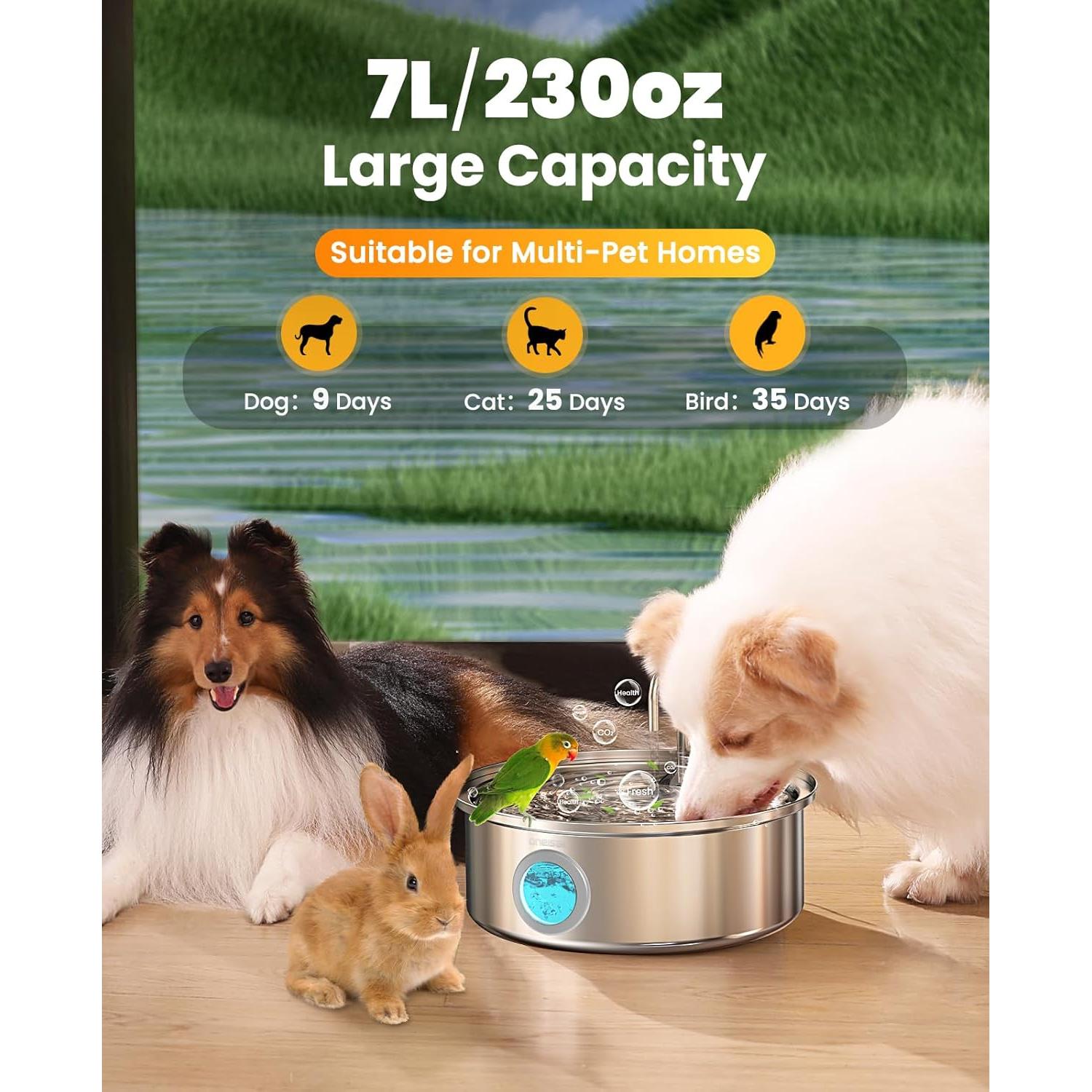 Fuente de Agua para Perros Oneisall 7L Acero Inoxidable Silenciosa