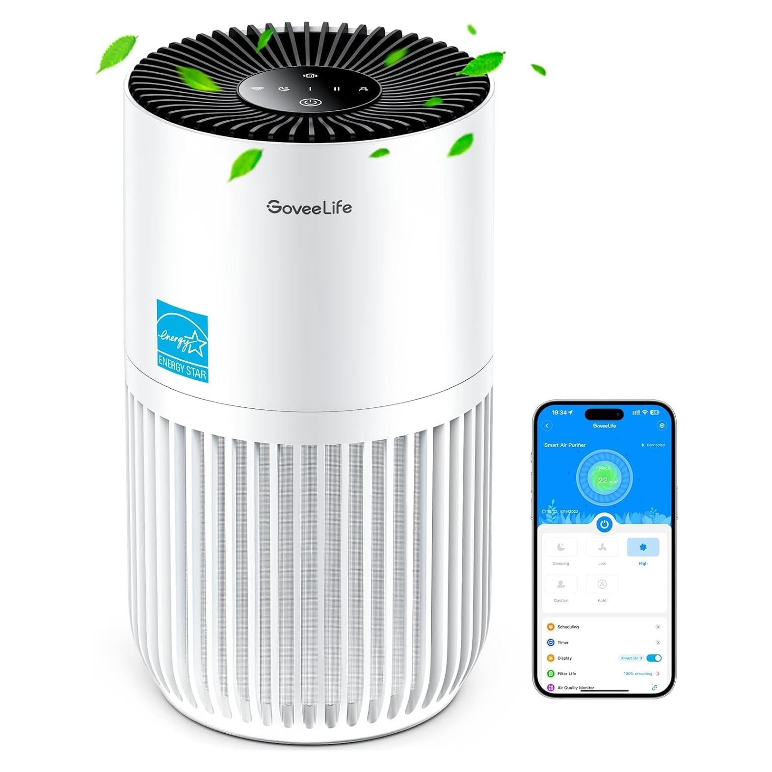 GoveeLife Mini Air Purifier for Bedroom, Smart Filter Air Purifier with App Alexa Control for Pet Hair, Odors, Pollen, Smoke, Portable Air Cleaner with 3 Speeds, 2 Modes, Timer, Aroma for Home