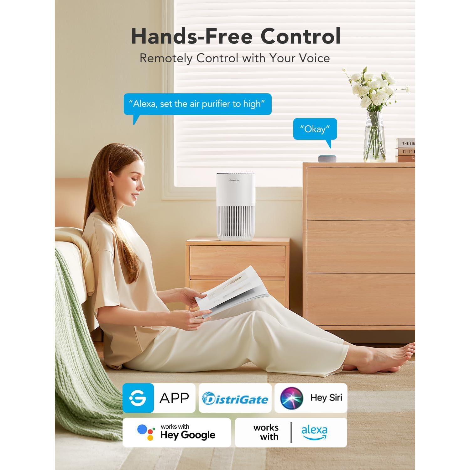 GoveeLife Mini Air Purifier for Bedroom, Smart Filter Air Purifier with App Alexa Control for Pet Hair, Odors, Pollen, Smoke, Portable Air Cleaner with 3 Speeds, 2 Modes, Timer, Aroma for Home