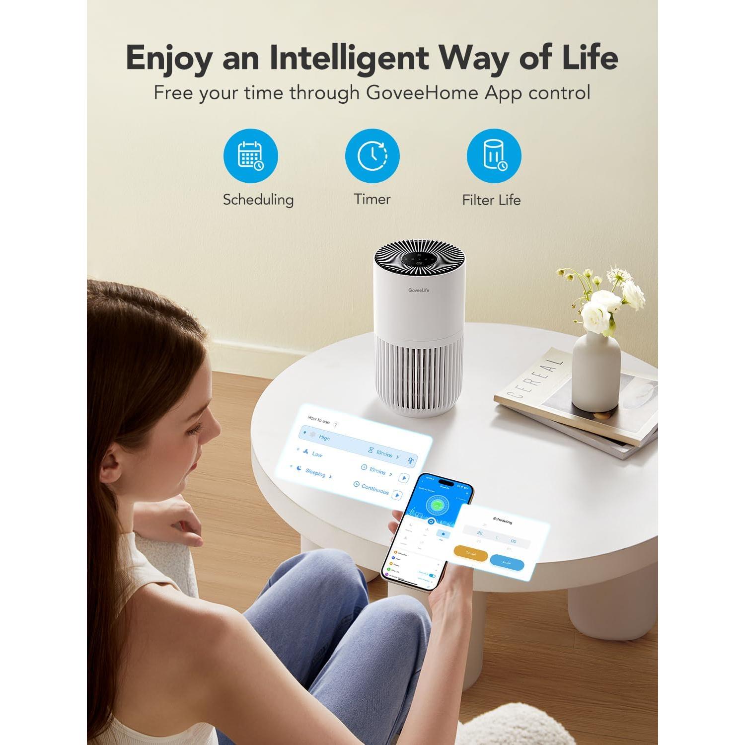 GoveeLife Mini Air Purifier for Bedroom, Smart Filter Air Purifier with App Alexa Control for Pet Hair, Odors, Pollen, Smoke, Portable Air Cleaner with 3 Speeds, 2 Modes, Timer, Aroma for Home