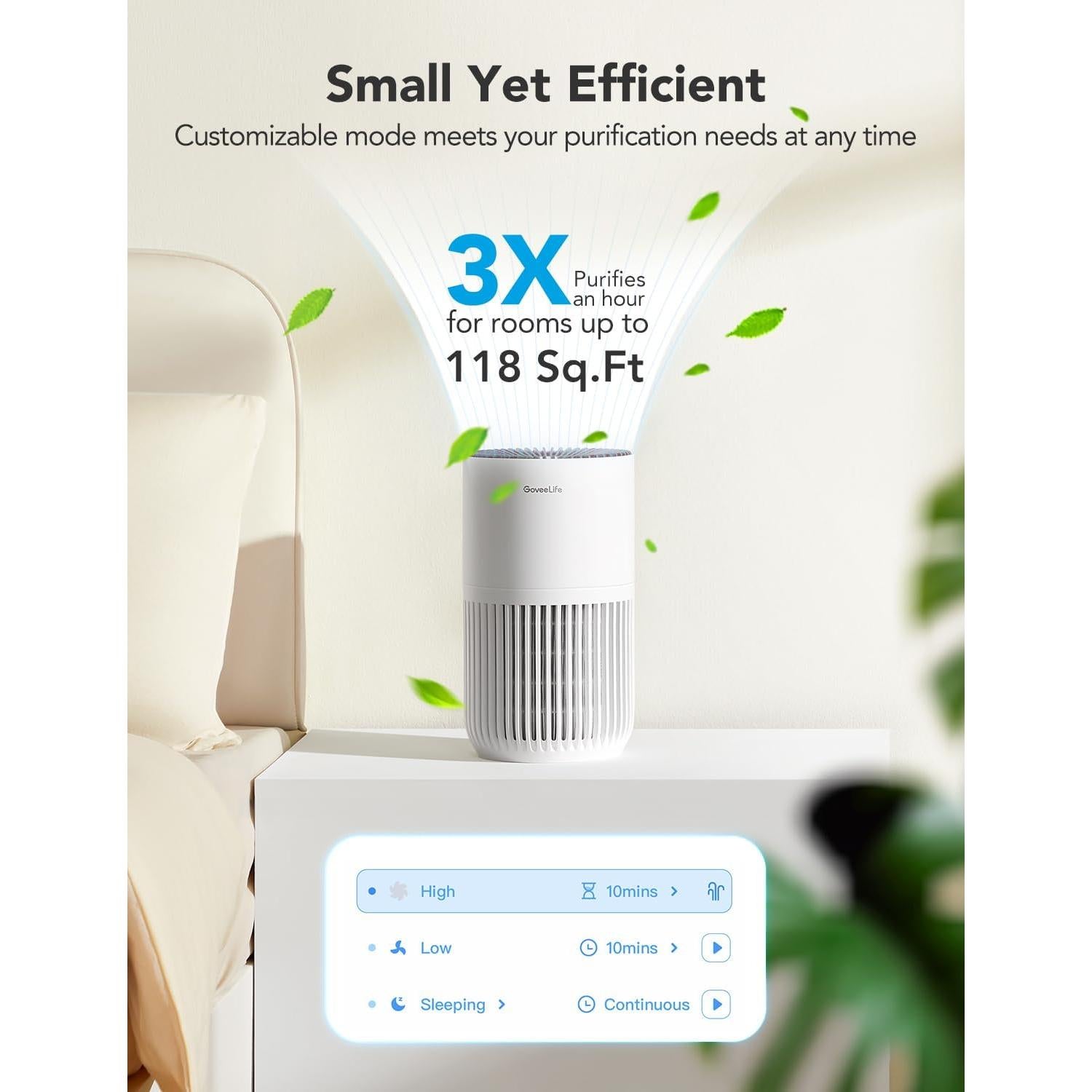 GoveeLife Mini Air Purifier for Bedroom, Smart Filter Air Purifier with App Alexa Control for Pet Hair, Odors, Pollen, Smoke, Portable Air Cleaner with 3 Speeds, 2 Modes, Timer, Aroma for Home