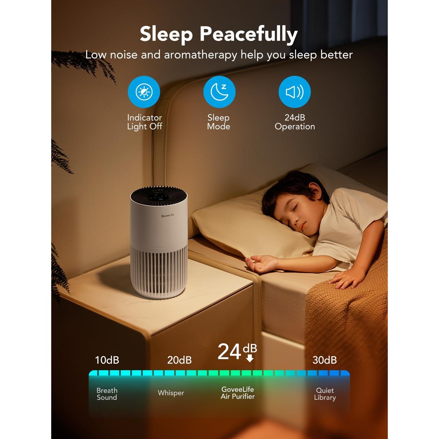 GoveeLife Mini Air Purifier for Bedroom, Smart Filter Air Purifier with App Alexa Control for Pet Hair, Odors, Pollen, Smoke, Portable Air Cleaner with 3 Speeds, 2 Modes, Timer, Aroma for Home