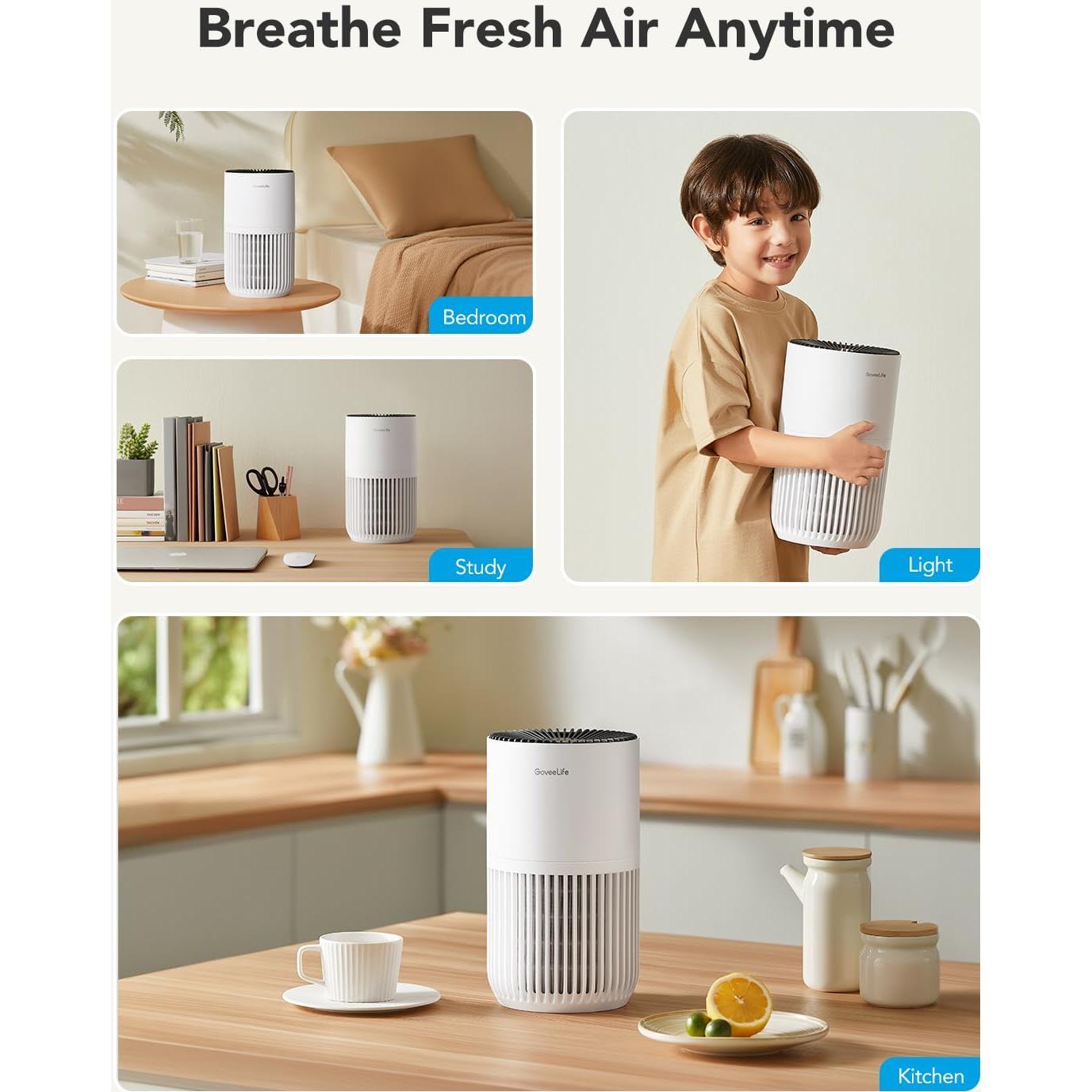GoveeLife Mini Air Purifier for Bedroom, Smart Filter Air Purifier with App Alexa Control for Pet Hair, Odors, Pollen, Smoke, Portable Air Cleaner with 3 Speeds, 2 Modes, Timer, Aroma for Home