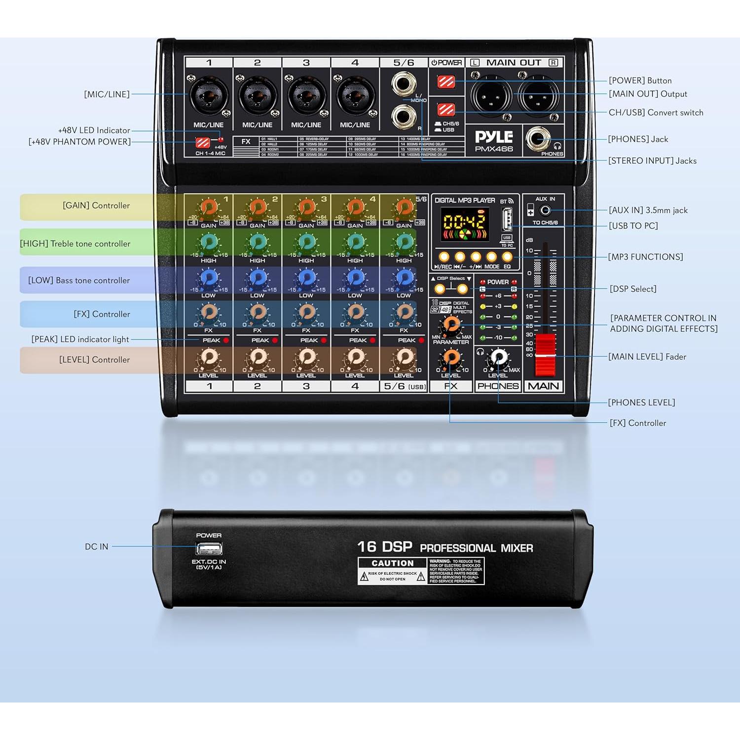 Mezclador de Audio Pyle PMX466 6 Canales USB con Efectos