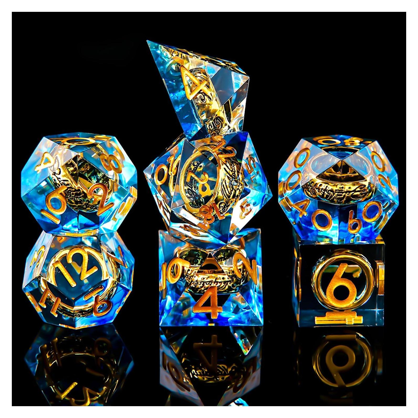 Juego de Dados D&D FTNNGIME Azul con Anillo Dorado